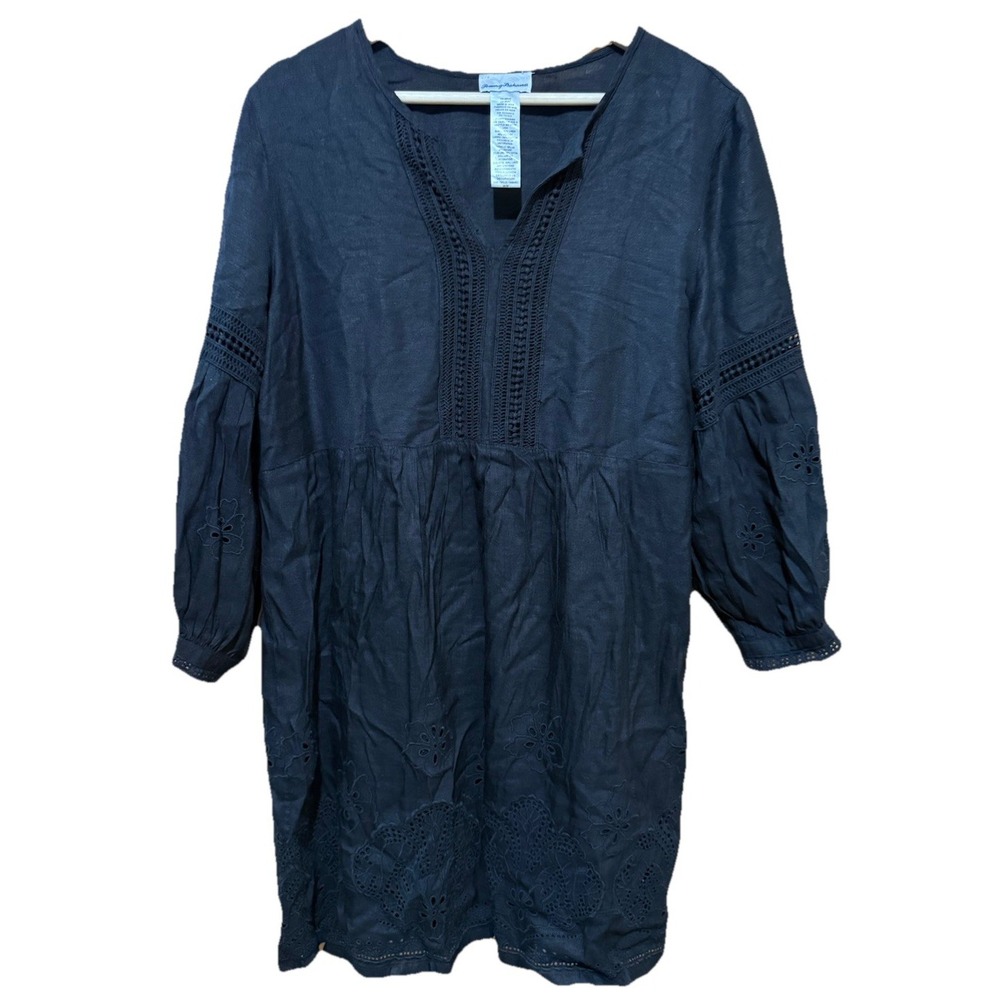 Tommy Bahama St. Lucia Split Neck Eyelet Linen Blend Black Blue Dress Medium EUC